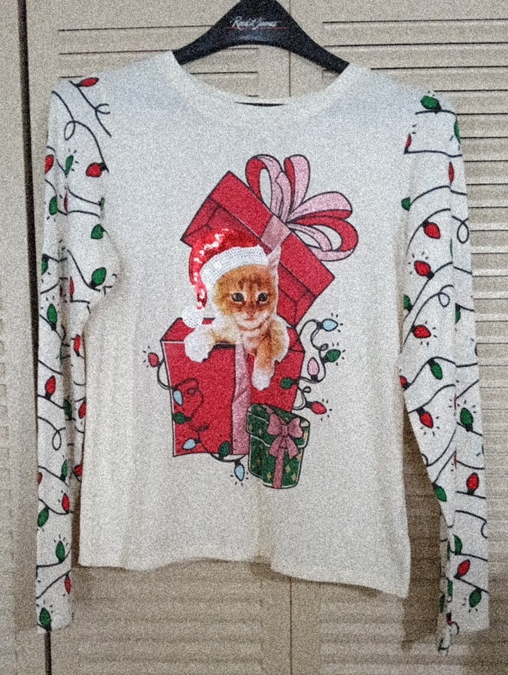 Holiday Time White Crewneck Sweater with Kitten & Red Gift Graphic